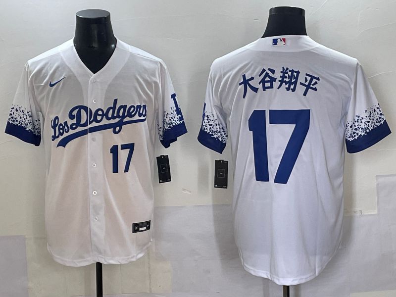Men Los Angeles Dodgers 17 Ohtani White blue City Edition Nike MLB Jersey style 2